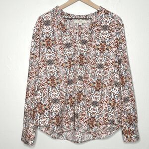 LOFT Womens Button Up Top XL Red‎ Blue Floral Geometric Popover Boho Flowy